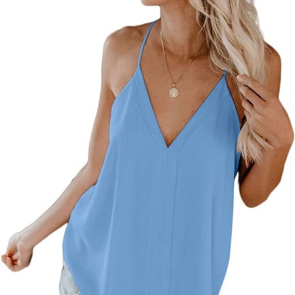 New Baby Blue V Neck Chiffon Tank Top with Adjustable Spaghetti Straps - Picture 1 of 10
